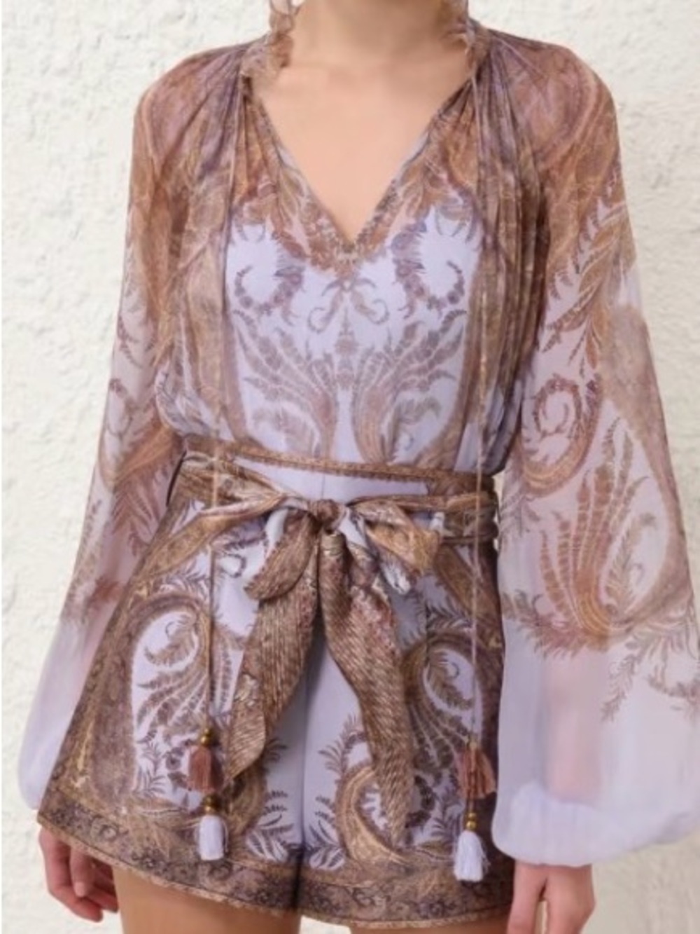 Zimmermann Sheer Metallic Paisley shorts with Tassel Belt